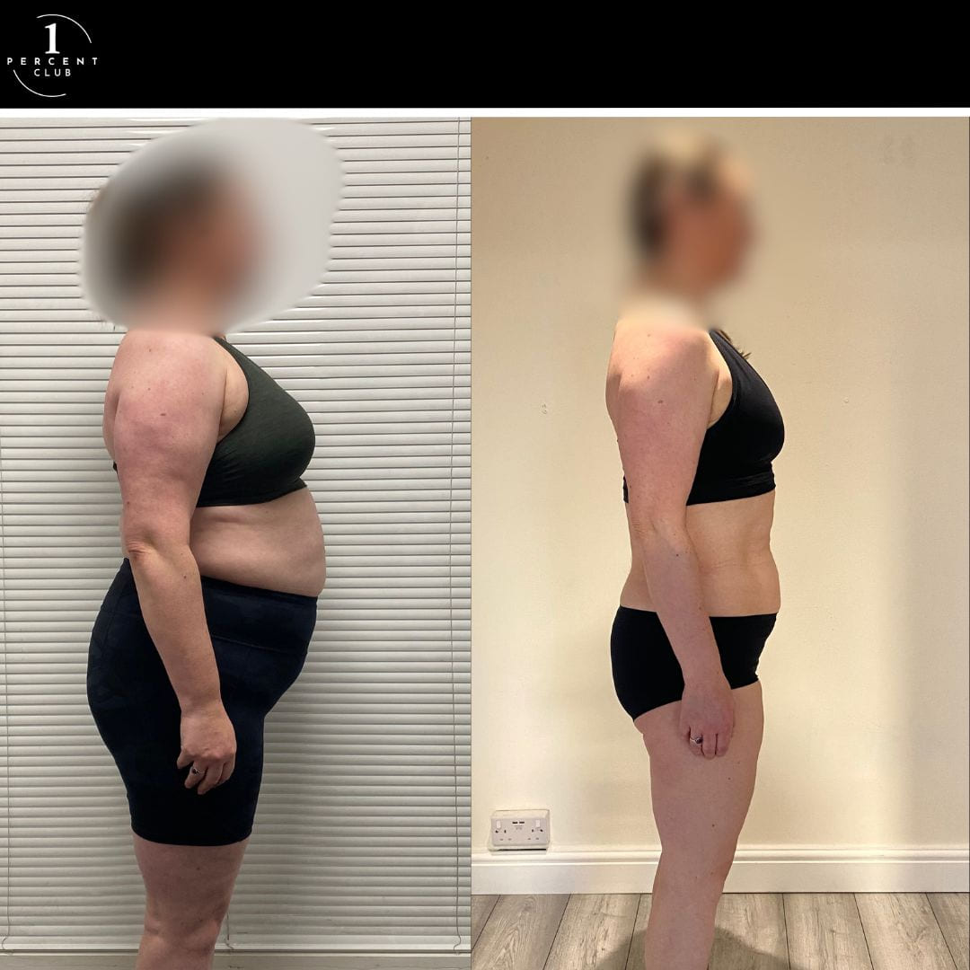 A client photographed in profile before and after training, face obscured
