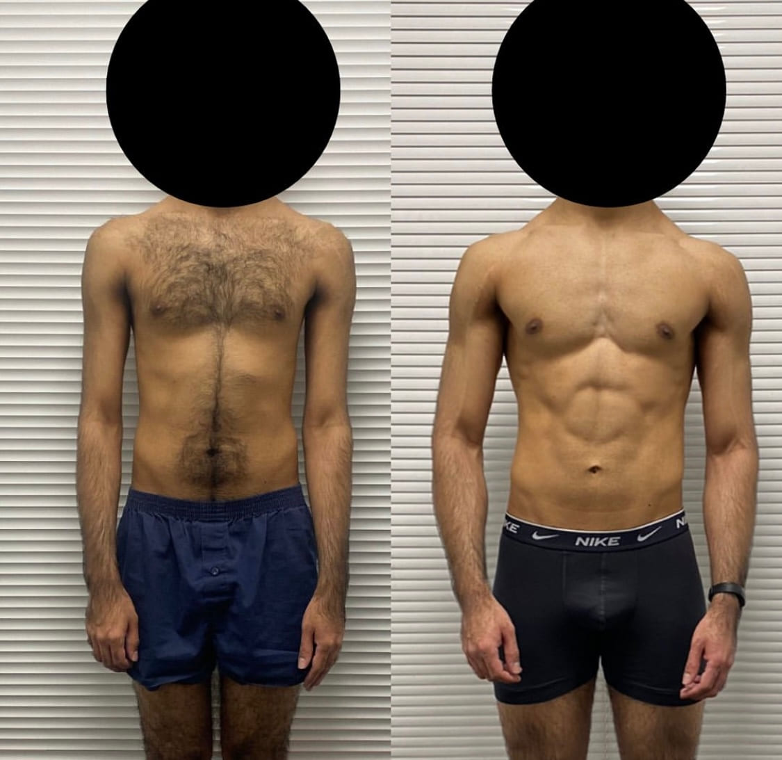 A client photographed from the front before and after training, face obscured