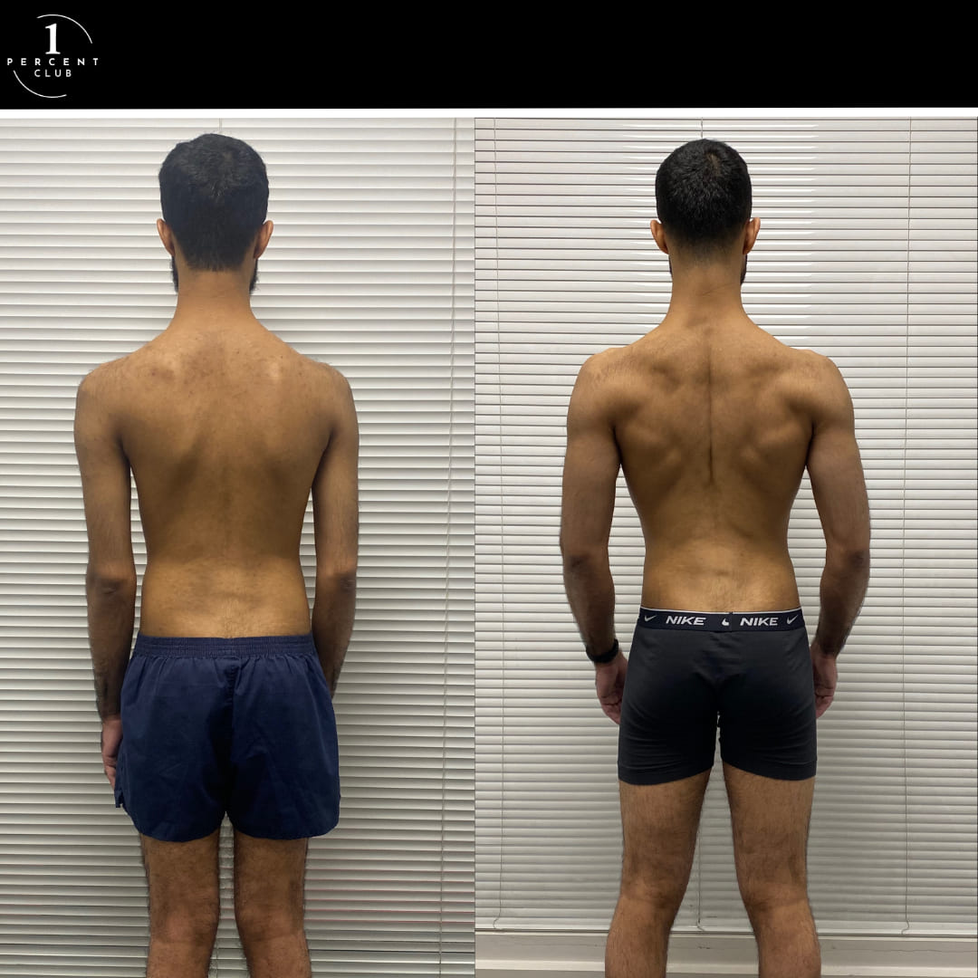 A client photographed from behind before and after training