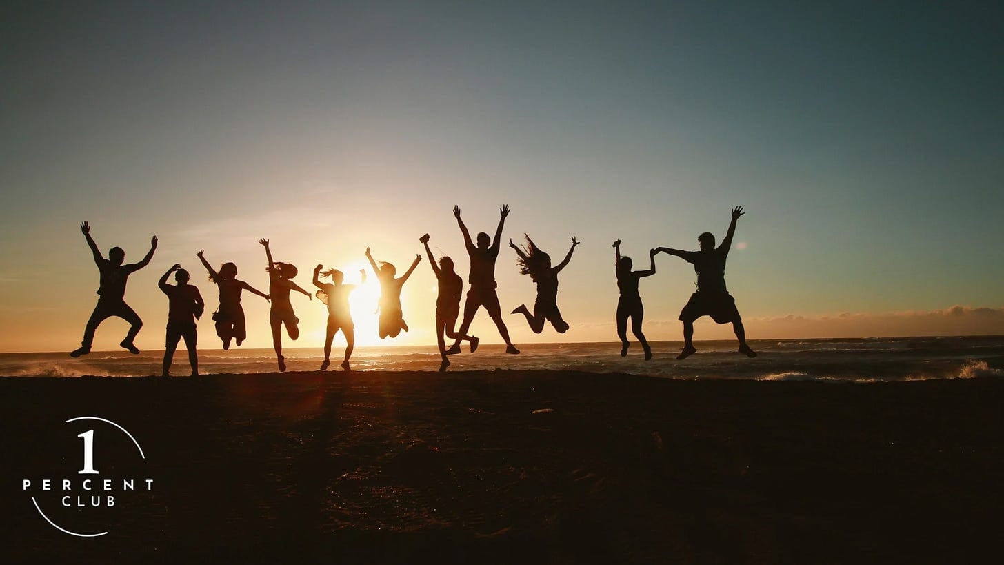 Silhouettes of a group of people jumping in the air against a low sun