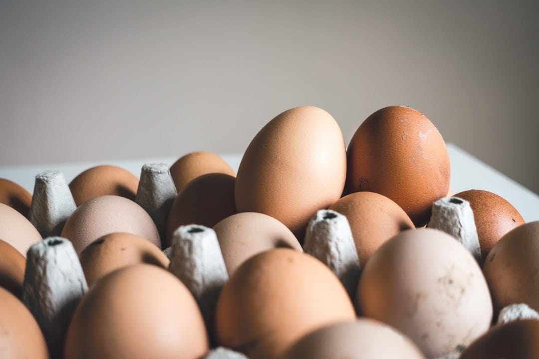 Brown eggs in an open cardboard egg box