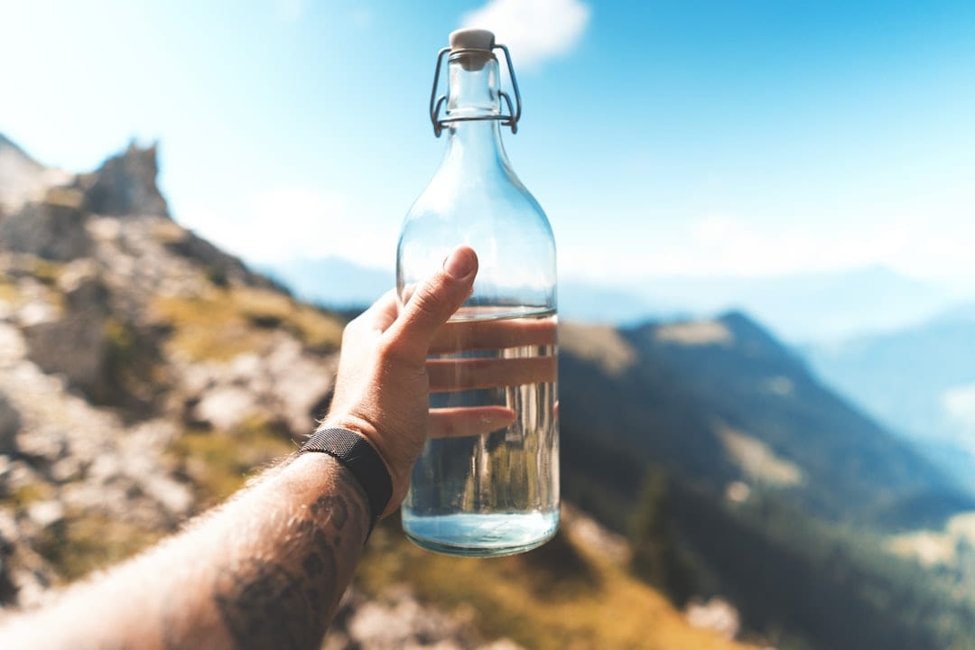 A hand holding up a glass water bottle against a mountain landscape