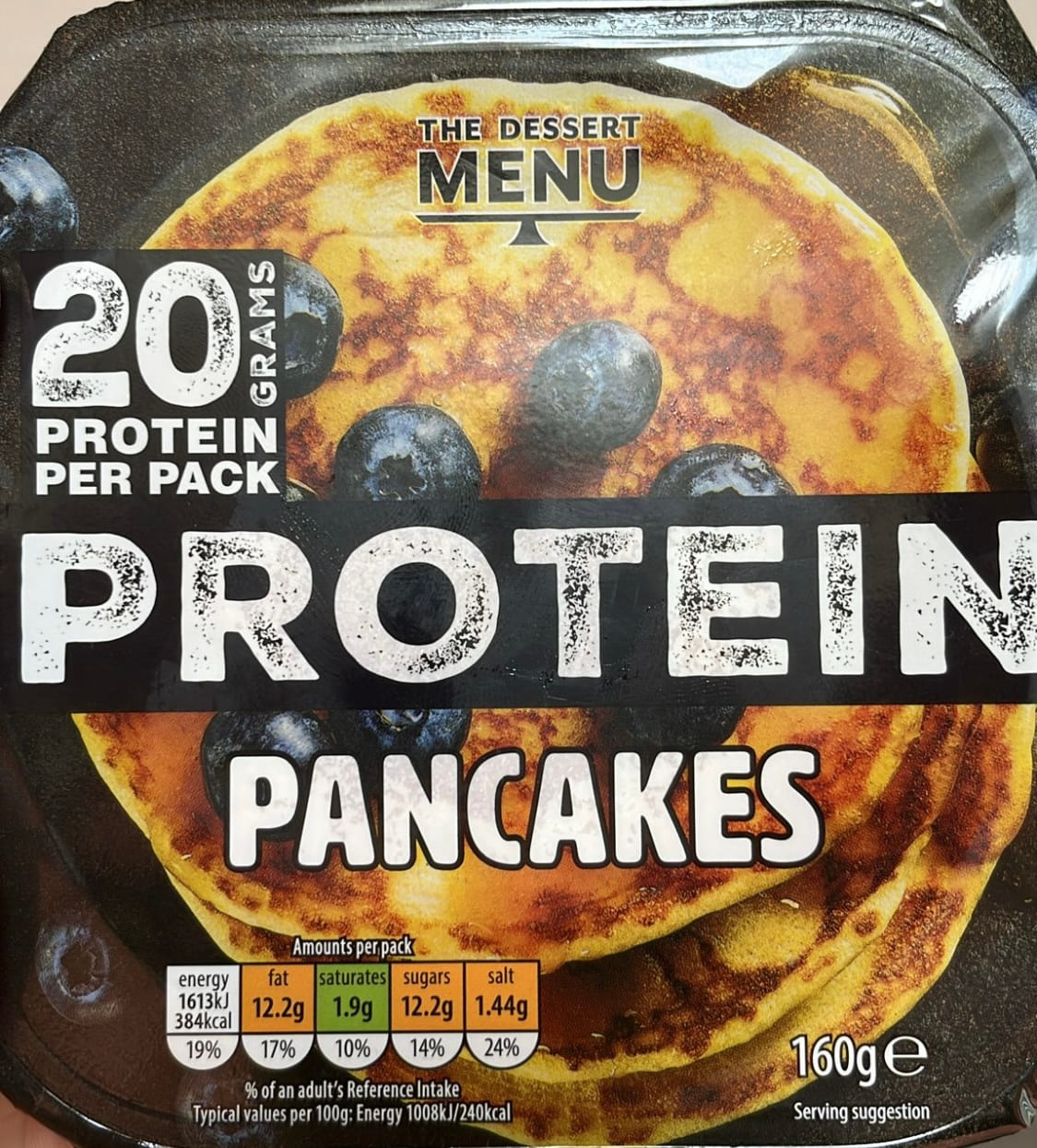 A supermarket pack of protein pancakes labelled twenty grams of protein per pack