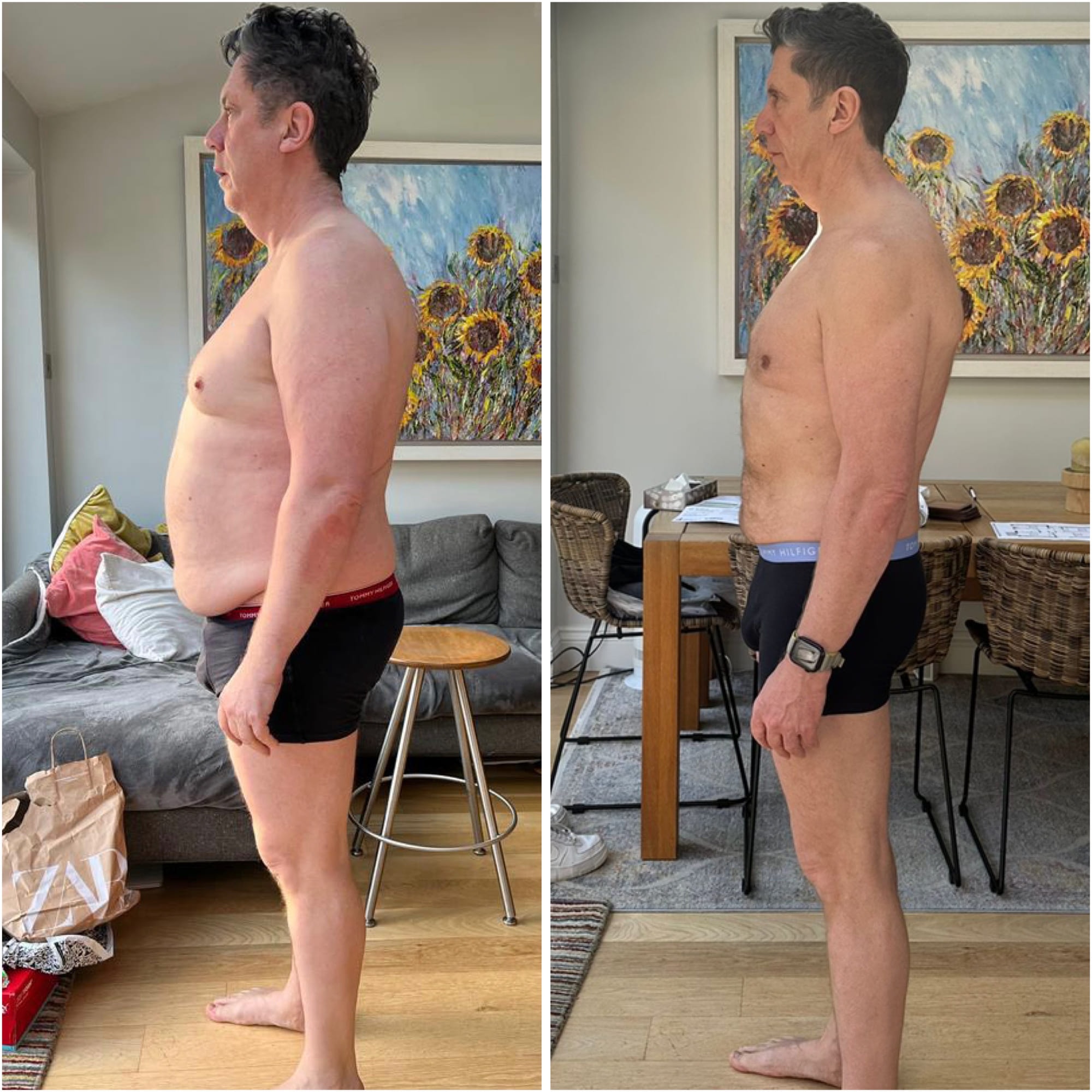 A client photographed in profile before and after training
