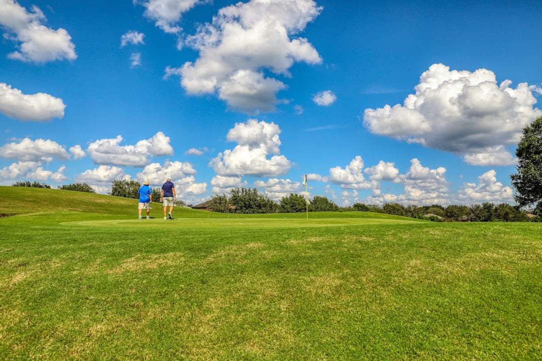 A golf course fairway under a bright blue sky