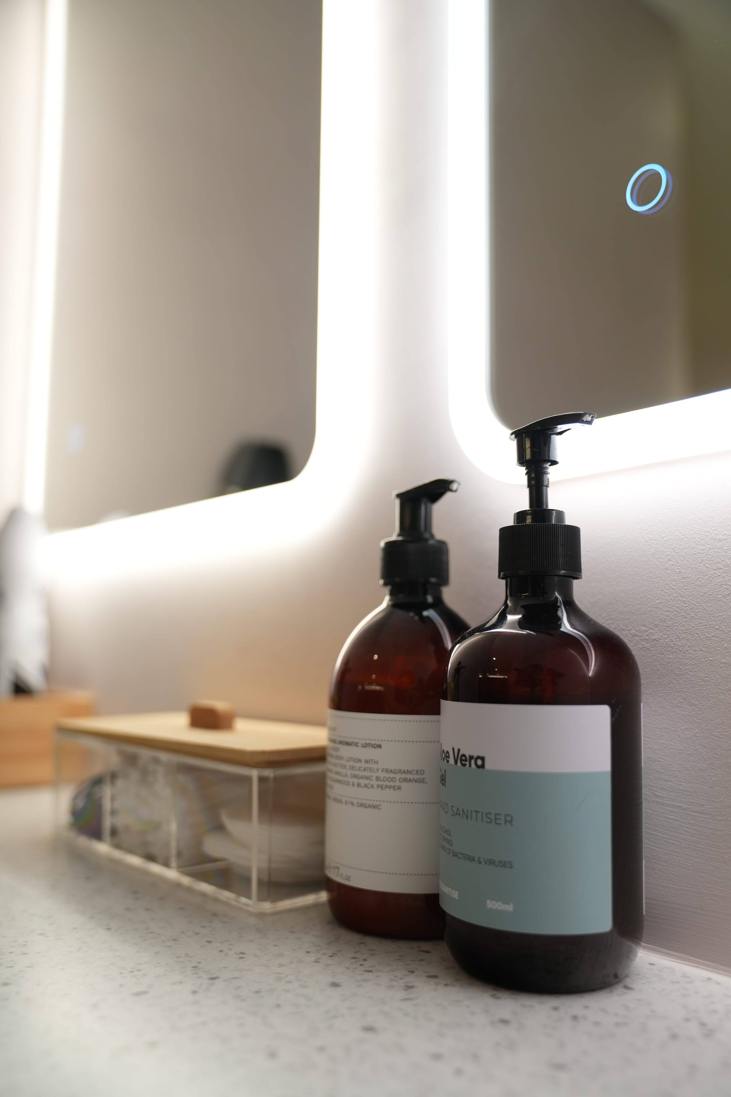 Toiletries and folded towels in the studio changing room