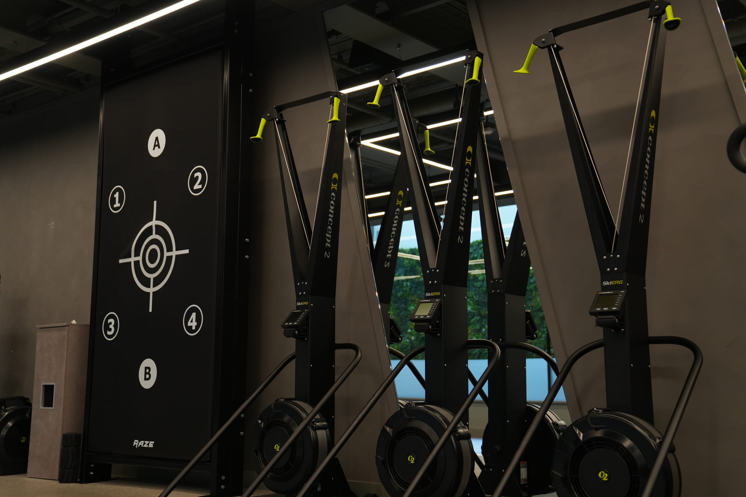 The functional training rig and target board on the studio floor