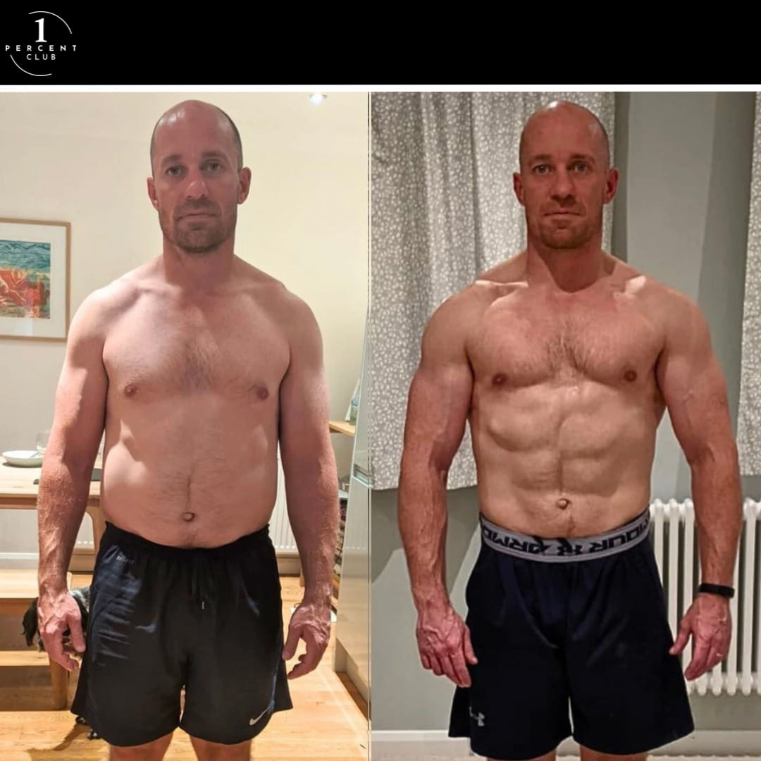 Adam Rees photographed before and after sixteen weeks of training, having lost 11kg