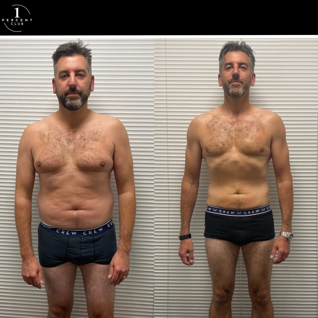 Darren Bungay photographed before and after fourteen months of training, having lost 20kg
