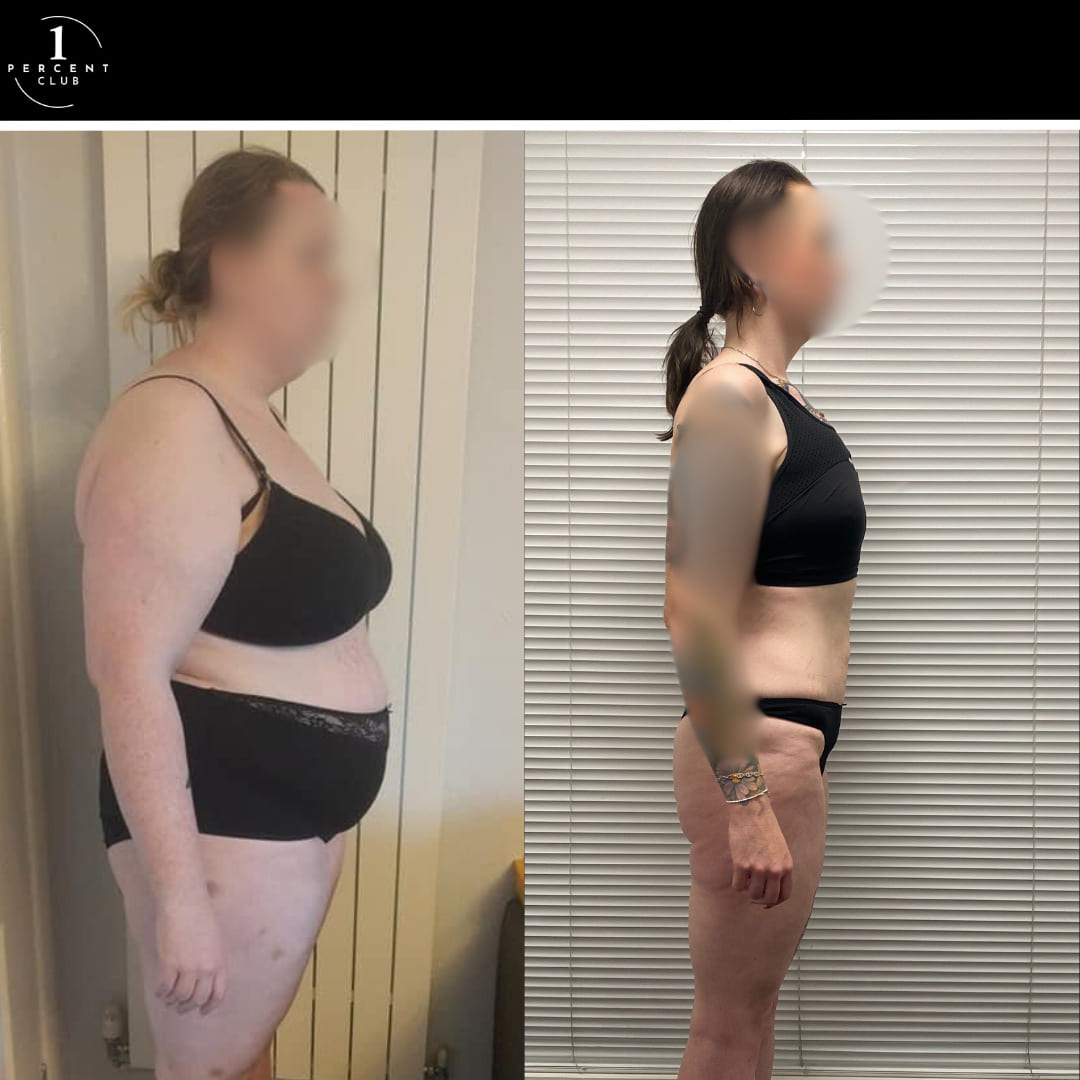 Georgina Smith photographed in profile before and after training, having lost 50kg. Her face is obscured at her request