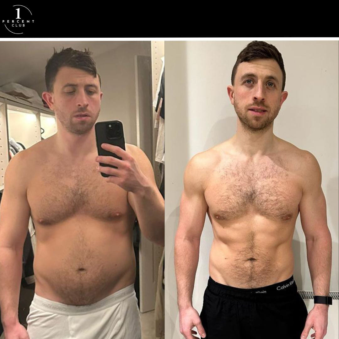 Matt Glazer photographed before and after four months of training, having lost 11kg