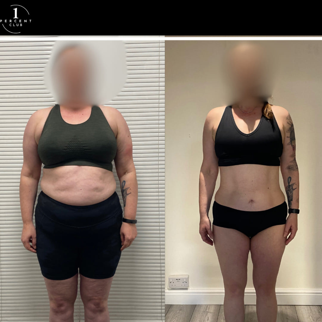 Sally Mansfield photographed before and after fifteen months of training, having lost 20kg. Her face is obscured at her request
